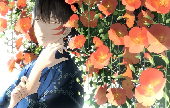 Картинка anime, flowers, boy, kimono, Hanaen