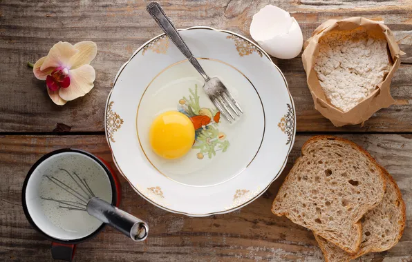 Яйцо, молоко, тарелка, хлеб, вилка, орхидея, мука, продукты
