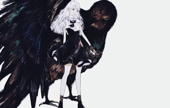Картинка девочка, серый фон, белые волосы, чёрное платье, митенки, черный ворон