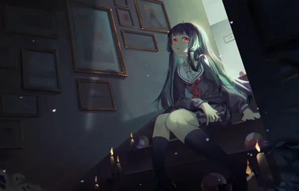 Девушка, свечи, лестница, картины, черепа, школьная форма, Enma Ai, Jigoku Shoujo