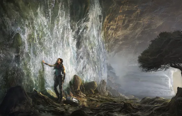 Картинка девушка, камни, дерево, сюрреализм, водопад, арт, Michal Matczak