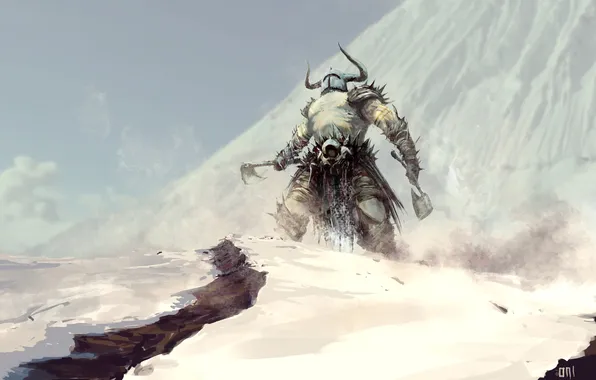 Картинка снег, горы, оружие, воин, арт, рога, шлем, секира