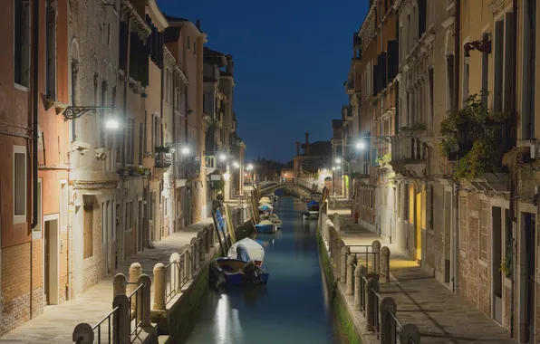 Ночь, мост, огни, дома, Италия, Венеция, канал