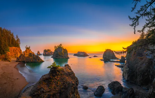 Море, закат, скалы, берег, вечер