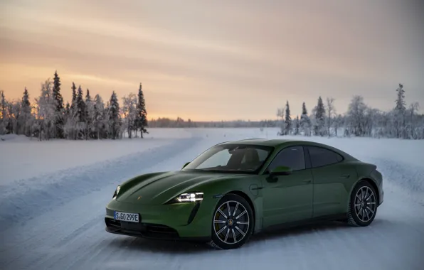 Картинка снег, Porsche, зелёный, на дороге, 2020, Taycan, Taycan 4S