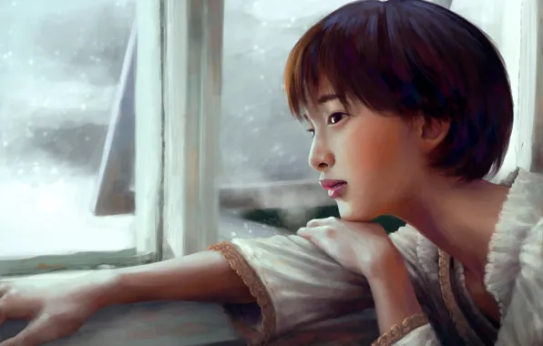 Картинка взгляд, актриса, окно, арт, живопись, Gouriki Ayame