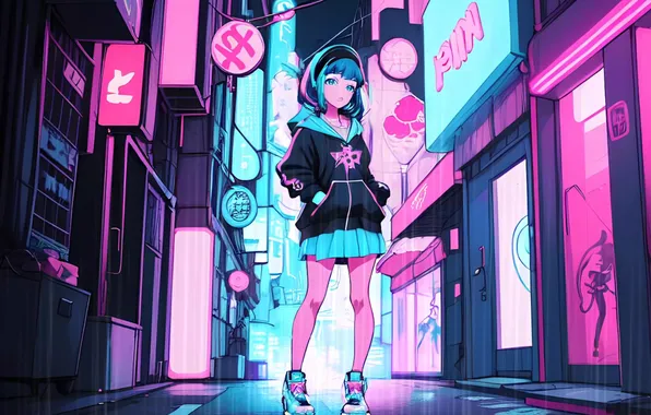 Картинка city, girl, street, ai art, neon