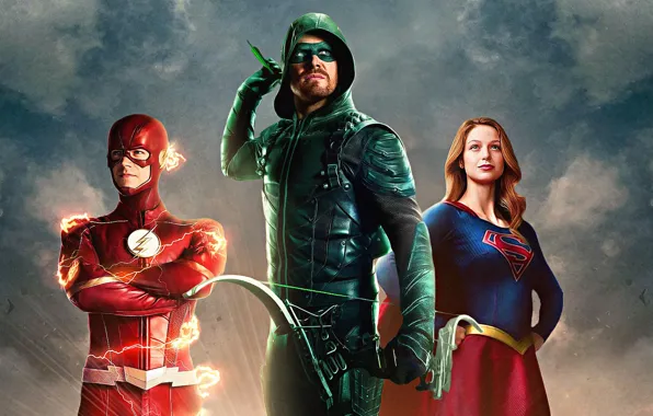 Картинка Arrow, Stephen Amell, Oliver Queen, Supergirl, Flash, Barry Allen, The CW Television Network, Melissa Benoist
