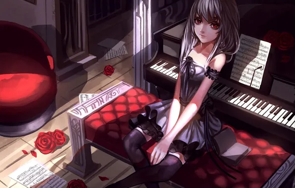 Картинка девушка, цветы, ноты, розы, аниме, арт, пианино, baka