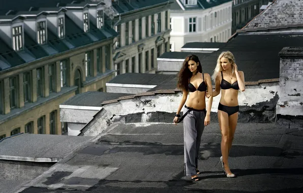 Картинка город, Девушки, крыши
