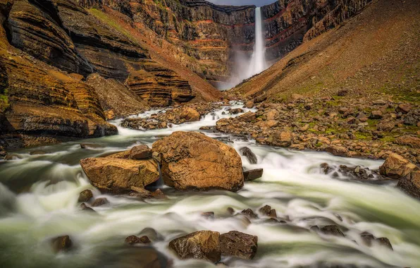 Картинка камни, скалы, водопад, поток, Исландия
