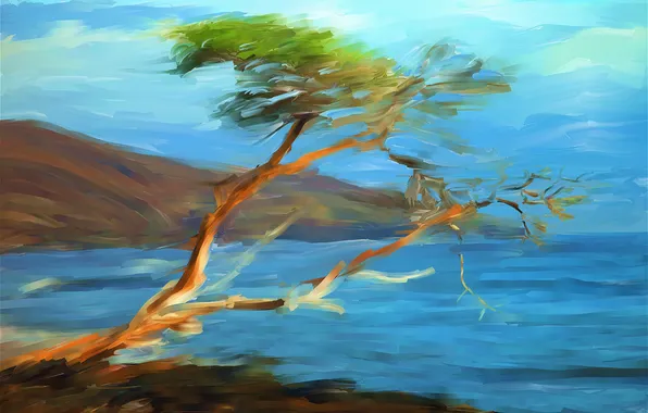 Море, небо, пейзаж, горы, дерево, рисунок, картина