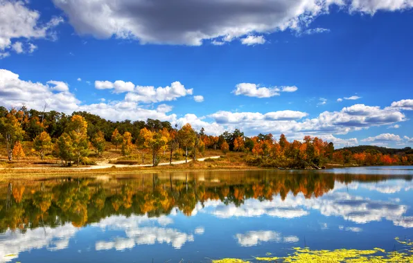 Картинка осень, небо, облака, деревья, отражение, река