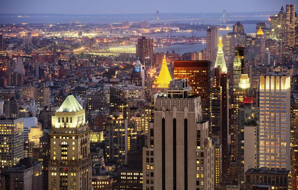 Картинка мост, огни, небоскреб, дома, Нью-Йорк, вечер, панорама, США