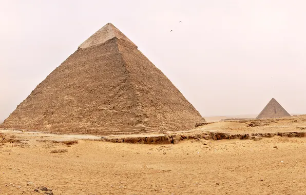 Картинка песок, небо, птицы, пустыня, Египет, пирамиды
