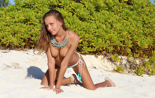 Nipples, boobs, sand, topless, cute, Clover, necklace, outdoor