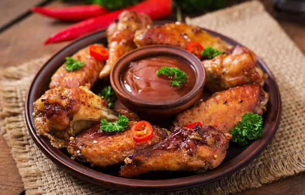 Зелень, курица, мясо, перец, соус