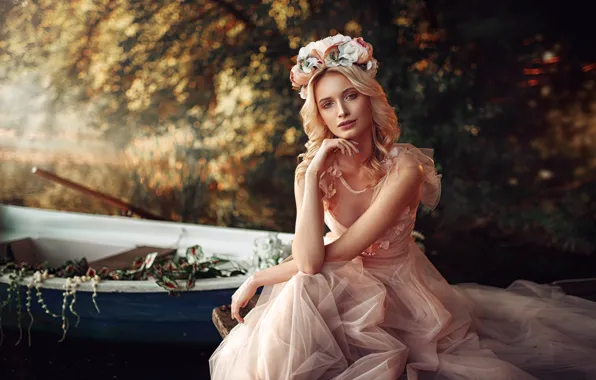 Взгляд, деревья, женщина, лодка, Nymph