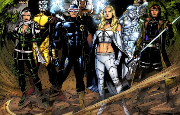 Картинка X-Men, Storm, Rogue, Emma Frost, Cyclops, Colossus, Iceman, Gambit