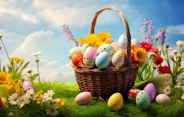 Цветы, корзина, поляна, яйца, весна, colorful, Пасха, happy