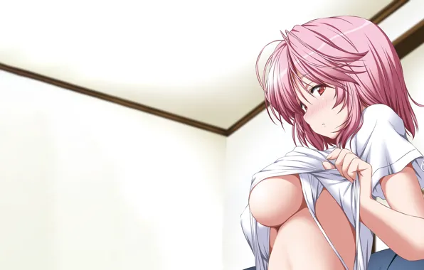 Girl, sexy, bra, cleavage, pink hair, erect nipples, boobs, anime