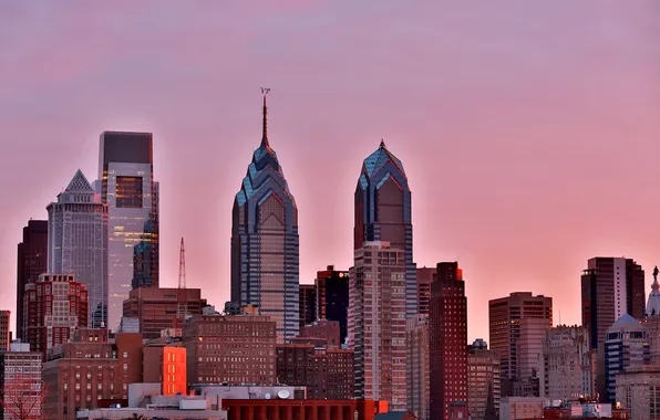 Картинка город, рассвет, свечение, утро, USA, Филадельфия, небоскрёбы, Pennsylvania