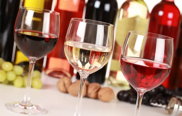 Картинка вино, красное, белое, бокалы, розовое, виноград, бутылки, орехи
