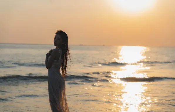 Beautiful, Asian, Model, Beach, Sun, Water, Sunset, Woman