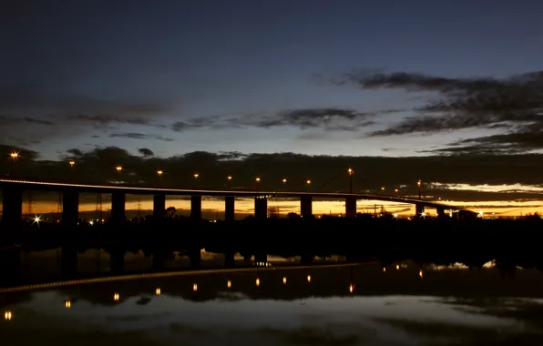 Картинка закат, мост, фонари, City, сумерки, bridge, sunset