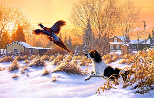 Картинка зима, снег, природа, восход, птица, собака, живопись, искусство