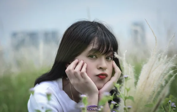 Трава, grass, азиатка, размытый фон, asian, милая девушка, cute girl, blurry background