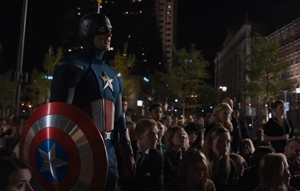Картинка толпа, костюм, команда, щит, Marvel, Капитан Америка, супергерои, Крис Эванс