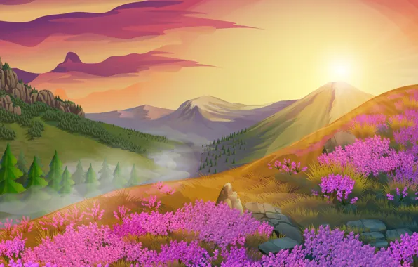 Картинка солнце, деревья, пейзаж, цветы, горы