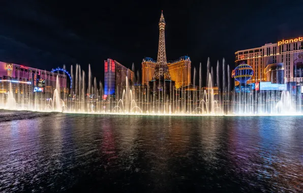 Ночь, здания, Лас-Вегас, фонтан, США, отель, Невада, Las Vegas