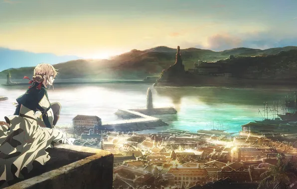 Картинка холмы, маяк, корабли, штиль, вид сверху, гавань, городские здания, панорама города