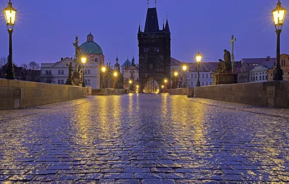 Ночь, огни, Прага, Чехия, фонари, Карлов мост