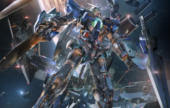 Fire, flame, sword, gun, robot, mecha, weapon, war