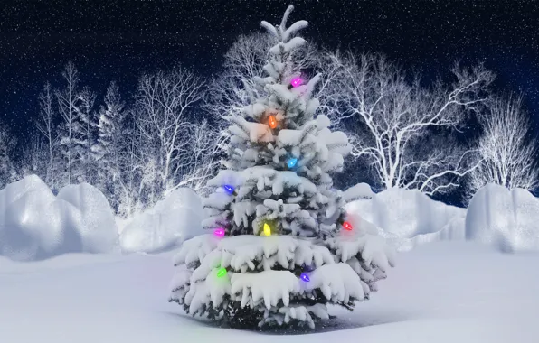 Картинка зима, лес, снег, огни, новый год, ёлка, гирлядна