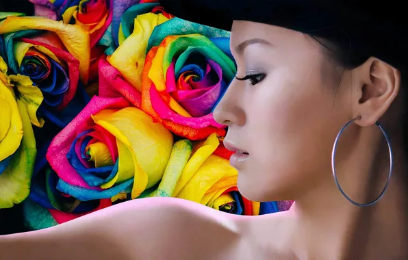Colorful, spring, asian, roses, oriental, profile, sunny, shiny