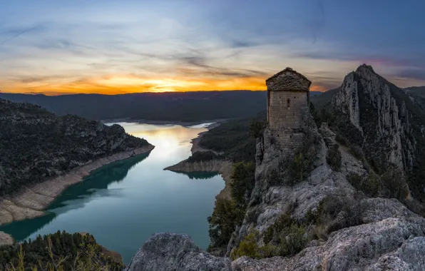 Картинка пейзаж, горы, природа, река, скалы, церковь, Испания, Каталония
