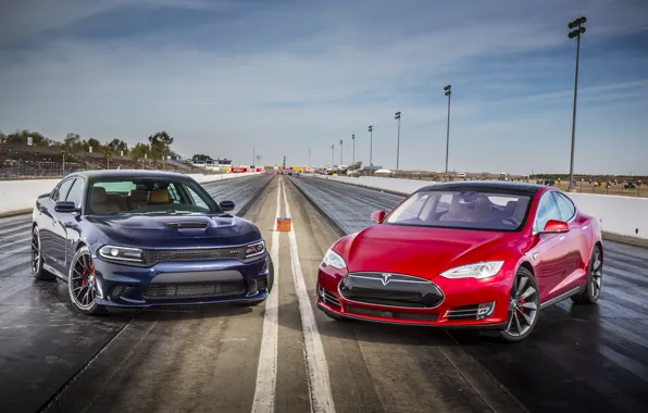 Картинка Dodge, додж, Charger, Tesla, чарджер, SRT, Model S, 2015