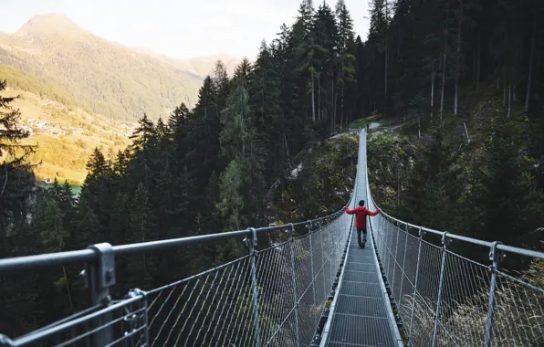 Картинка Мост, Осень, Деревья, Мужчина, Autumn, Suspension bridge, Northern Italy, Подвесной мост