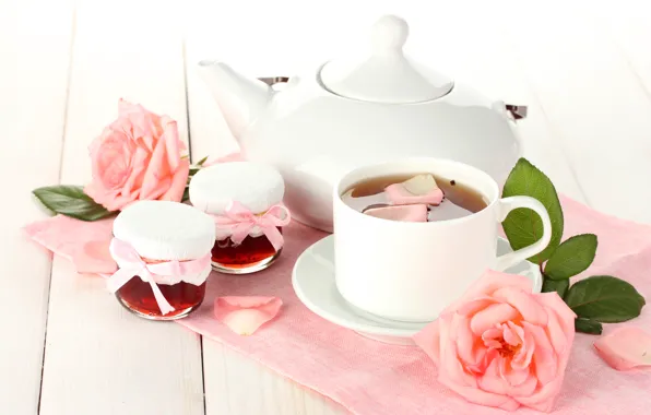 Картинка белый, листья, цветы, чай, розы, лепестки, чайник, баночки