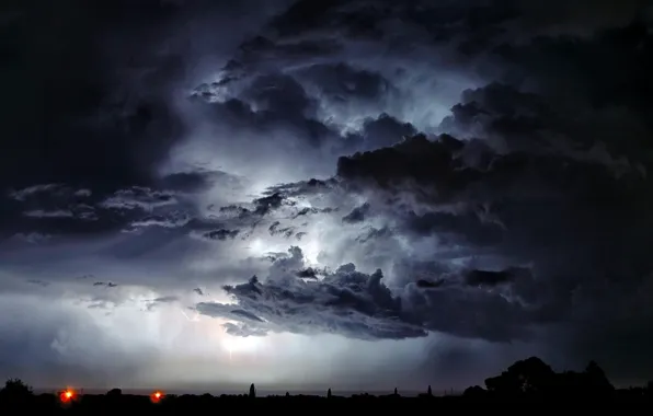 City, lightning, cloud