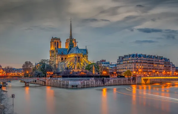 Картинка небо, облака, деревья, огни, река, Франция, Париж, HDR
