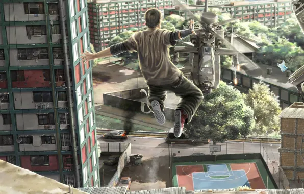 Картинка свобода, город, прыжок, вертолёт, парень, Man vs Helicopter