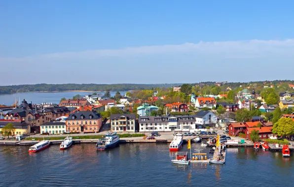 Город, побережье, причал, пирс, Швеция, Vaxholm