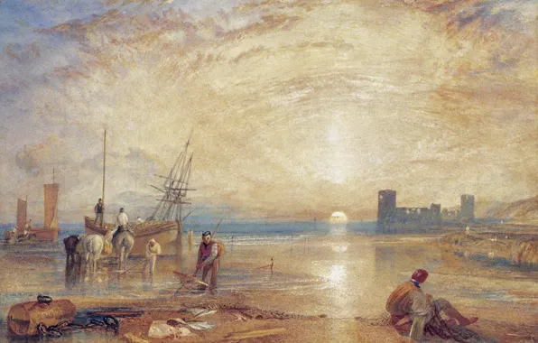 Картинка солнце, закат, люди, берег, лодка, корабль, картина, парус