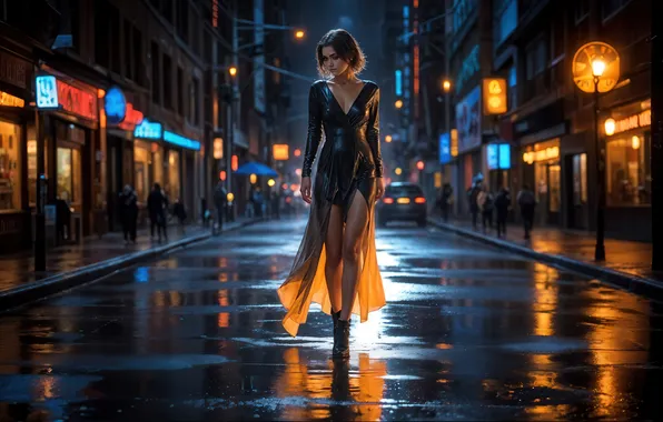 City, wet, woman, night, street, black dress, walking