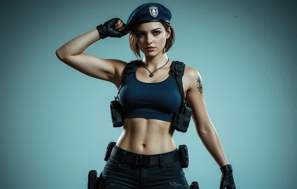 Жест, берет, красивая девушка, Resident Evil, digital art, Джилл Валентайн, цифровое искусство, черный топ